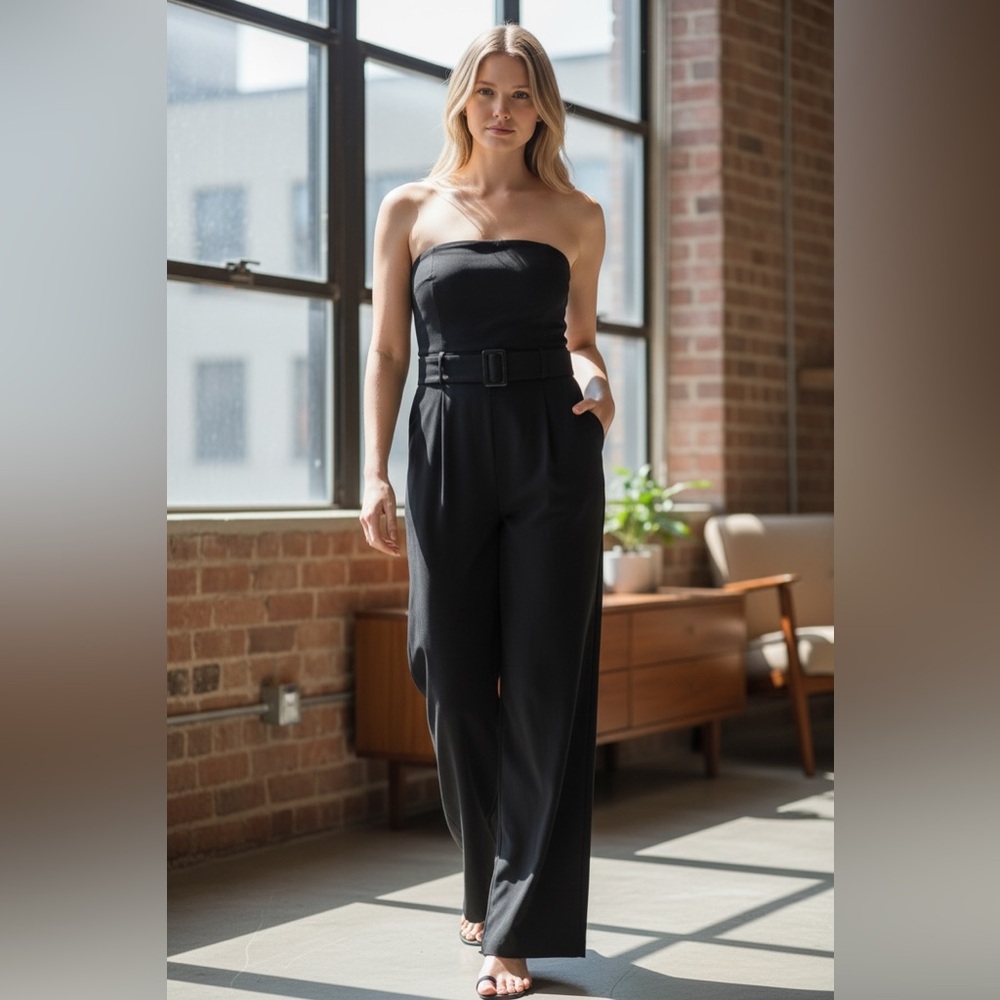 Strapless Black Belted Jumpsuit